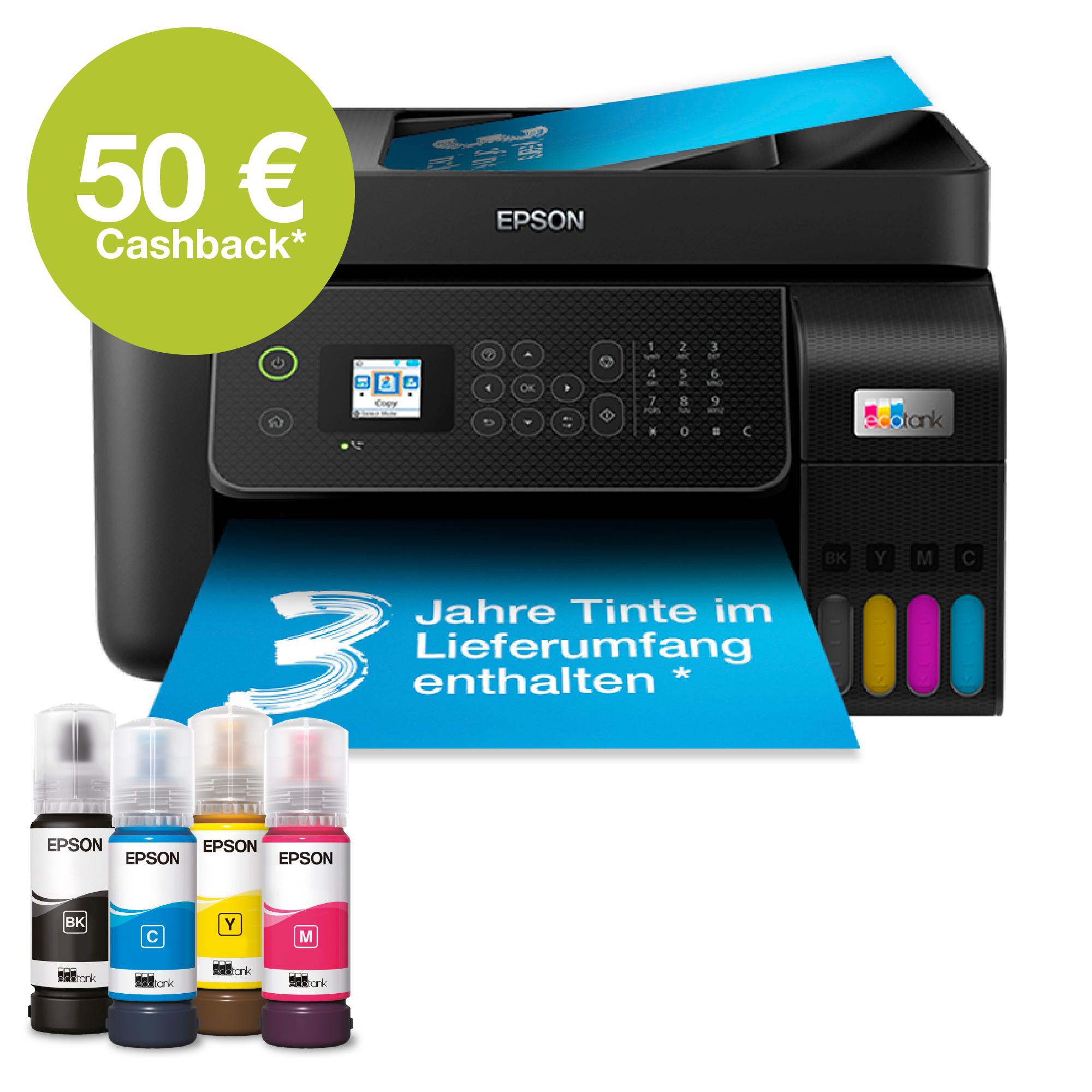 Epson Drucker mit Tintenflaschen, 50€ Cashback und 3 Jahre Tinte.