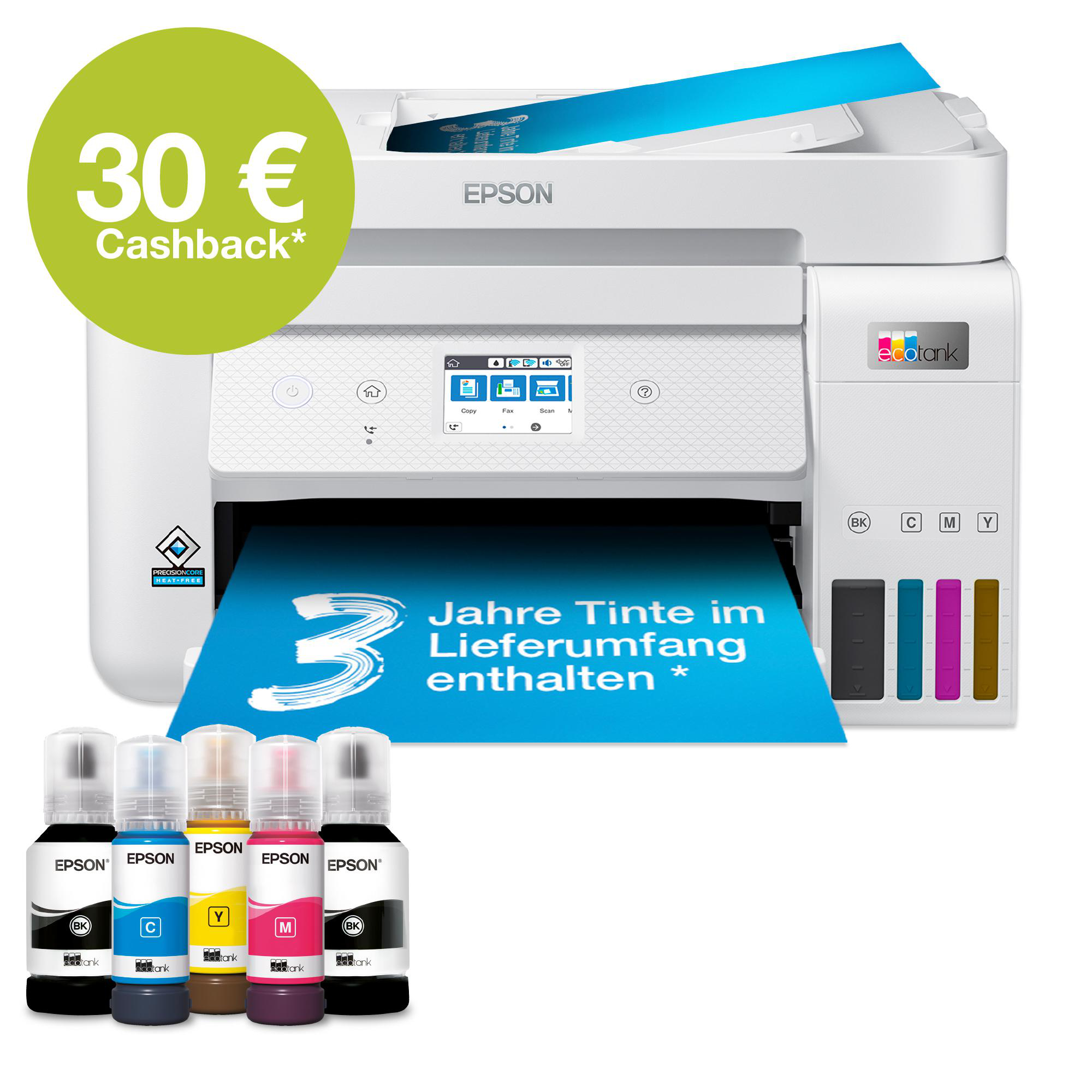 Epson EcoTank Drucker mit Tintenflaschen und 30€ Cashback-Aktion.