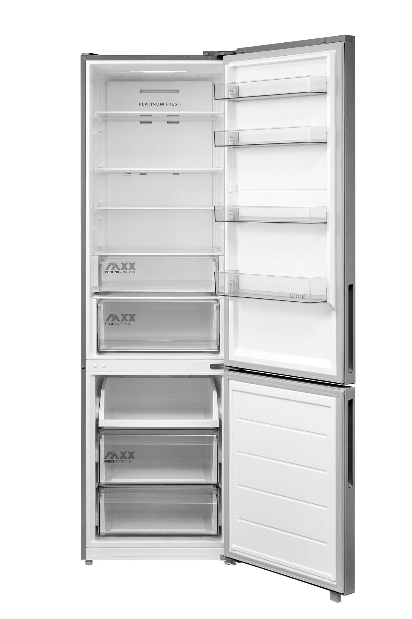 Un refrigerador plateado abierto con varios estantes y cajones.
