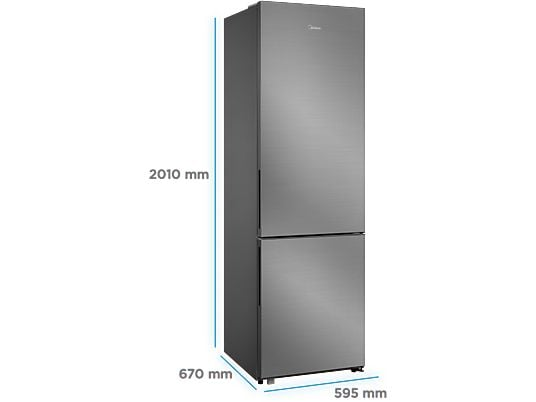 Un refrigerador alto, delgado y plateado de dos puertas, mostrando dimensiones.