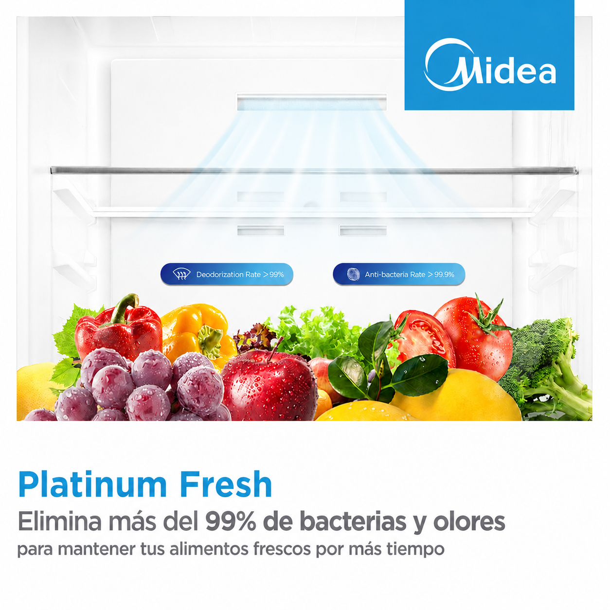 Interior de refrigerador Midea con frutas y verduras frescas, desodorización <gt/> 99%.