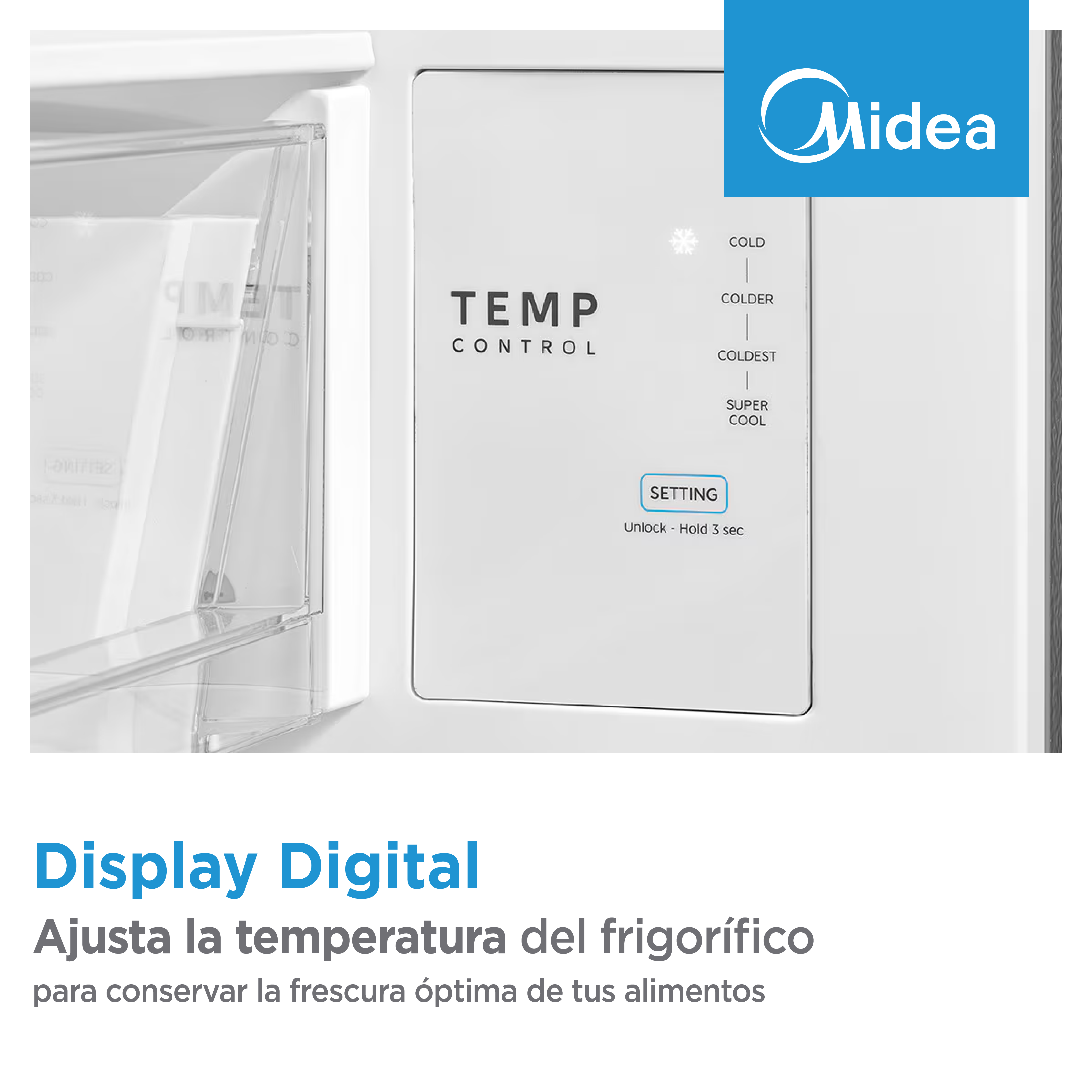 Primer plano del panel de control del frigorífico Midea con ajustes de temperatura.