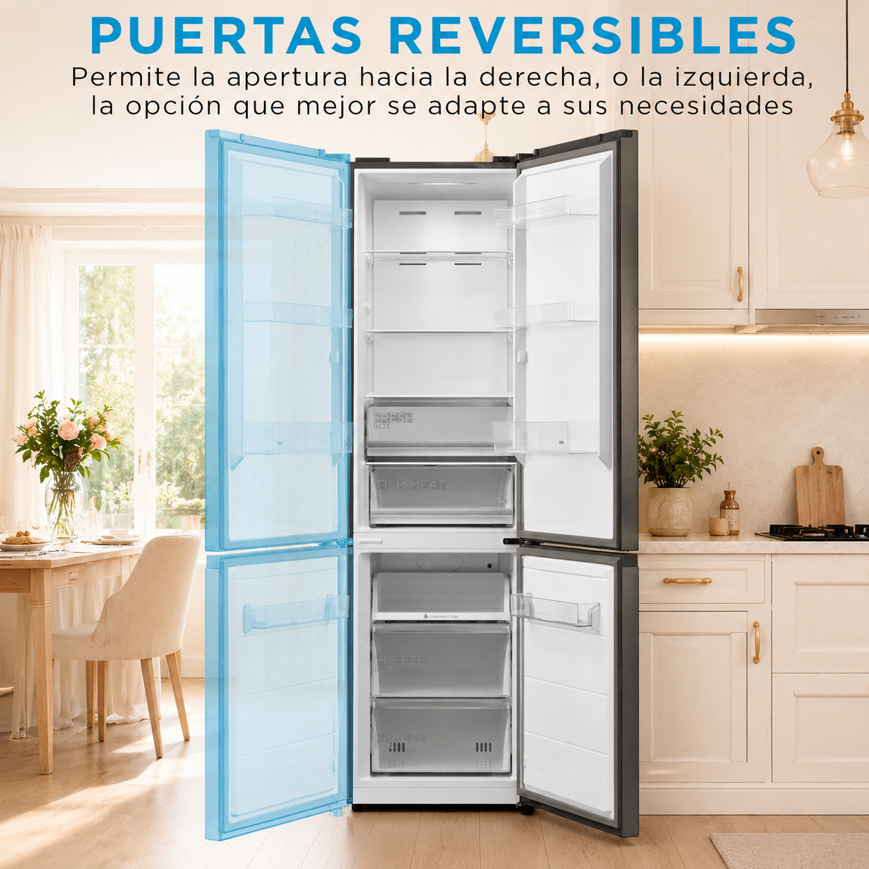 Refrigerador abierto con cajones y estantes extraíbles, junto a una mesa de comedor.