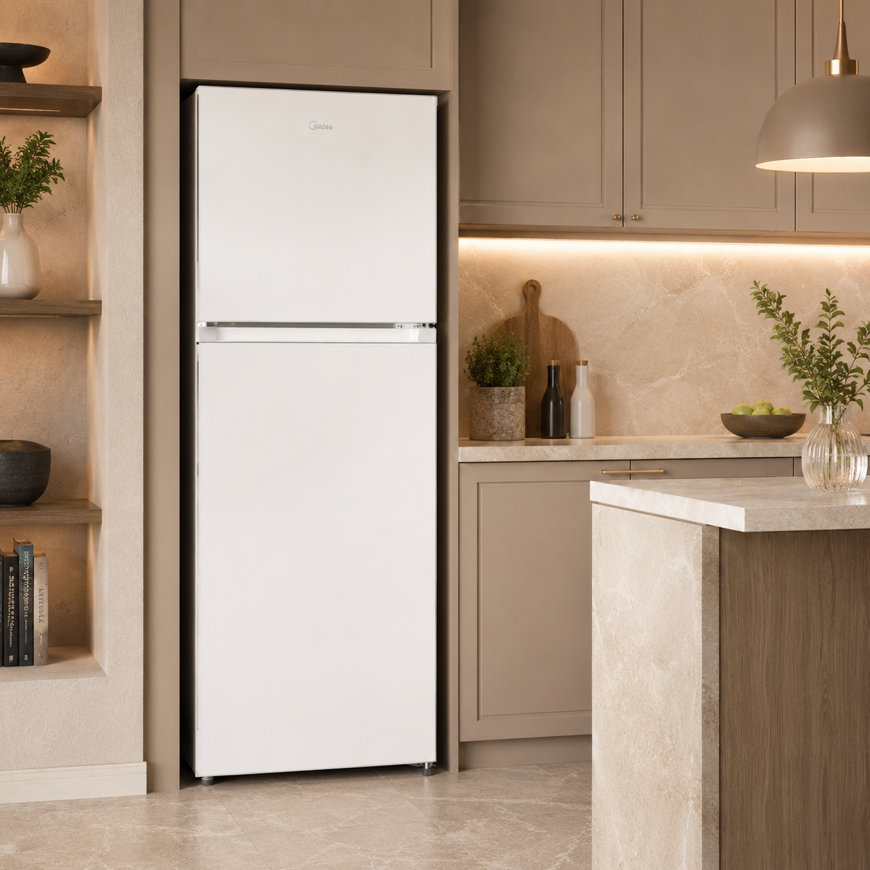 Un refrigerador blanco está en una cocina moderna con gabinetes marrones.