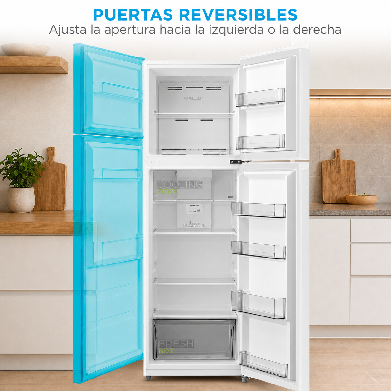 Un refrigerador blanco con la puerta abierta. La puerta izquierda es azul brillante.