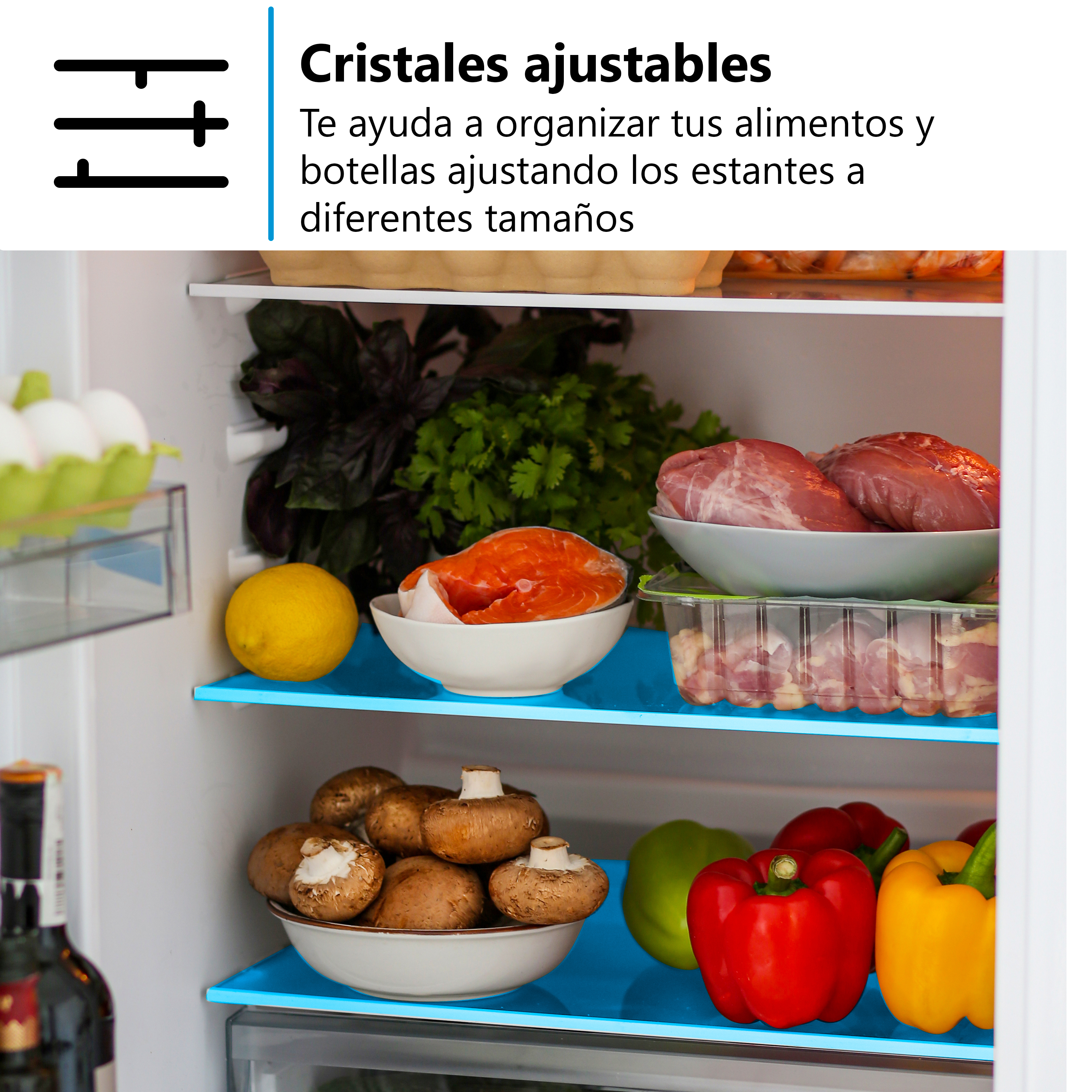 Interior de refrigerador con comida: huevos, carne, pescado, verduras, champiñones, limón.