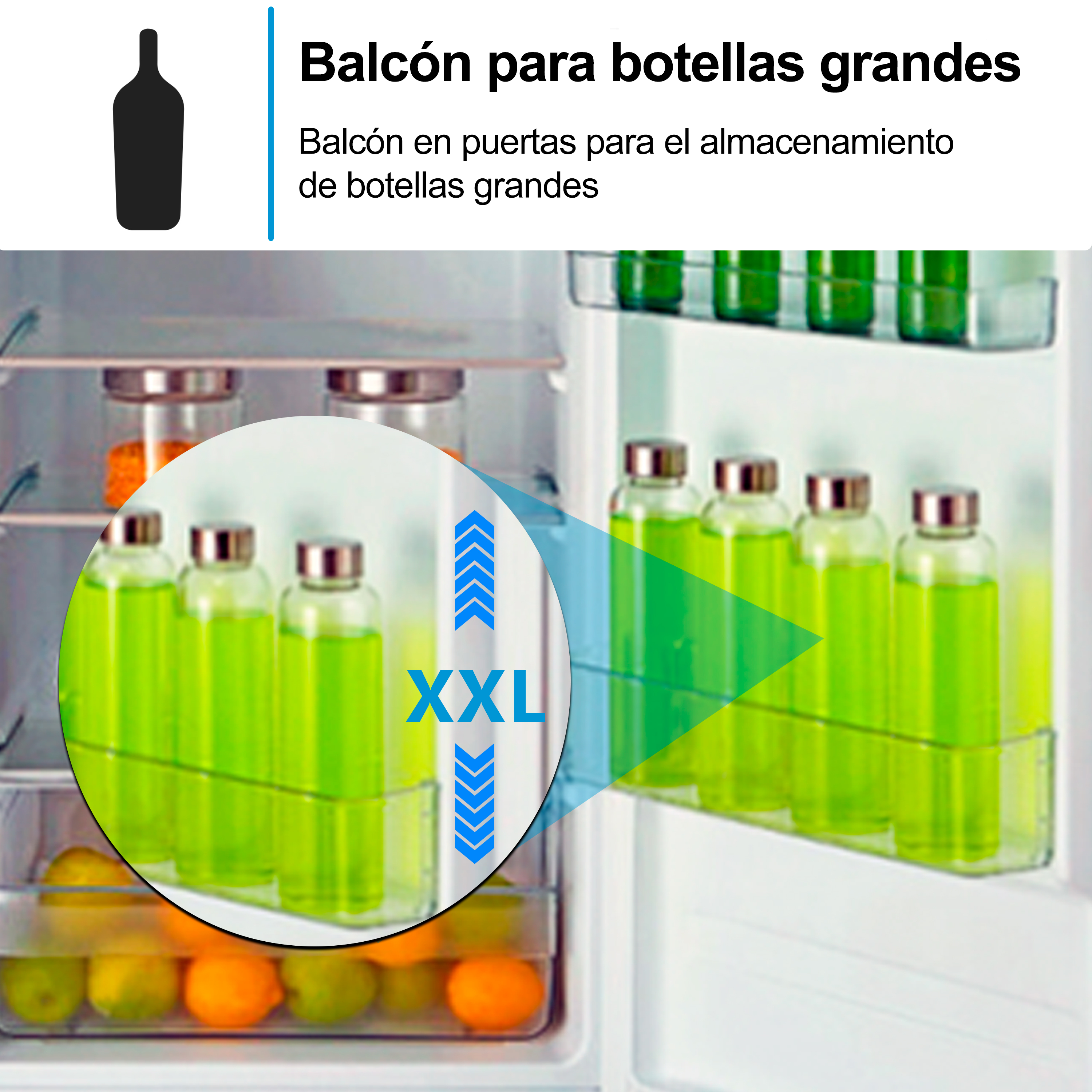 Puerta de refrigerador con dos estantes, llena de botellas y frutas.