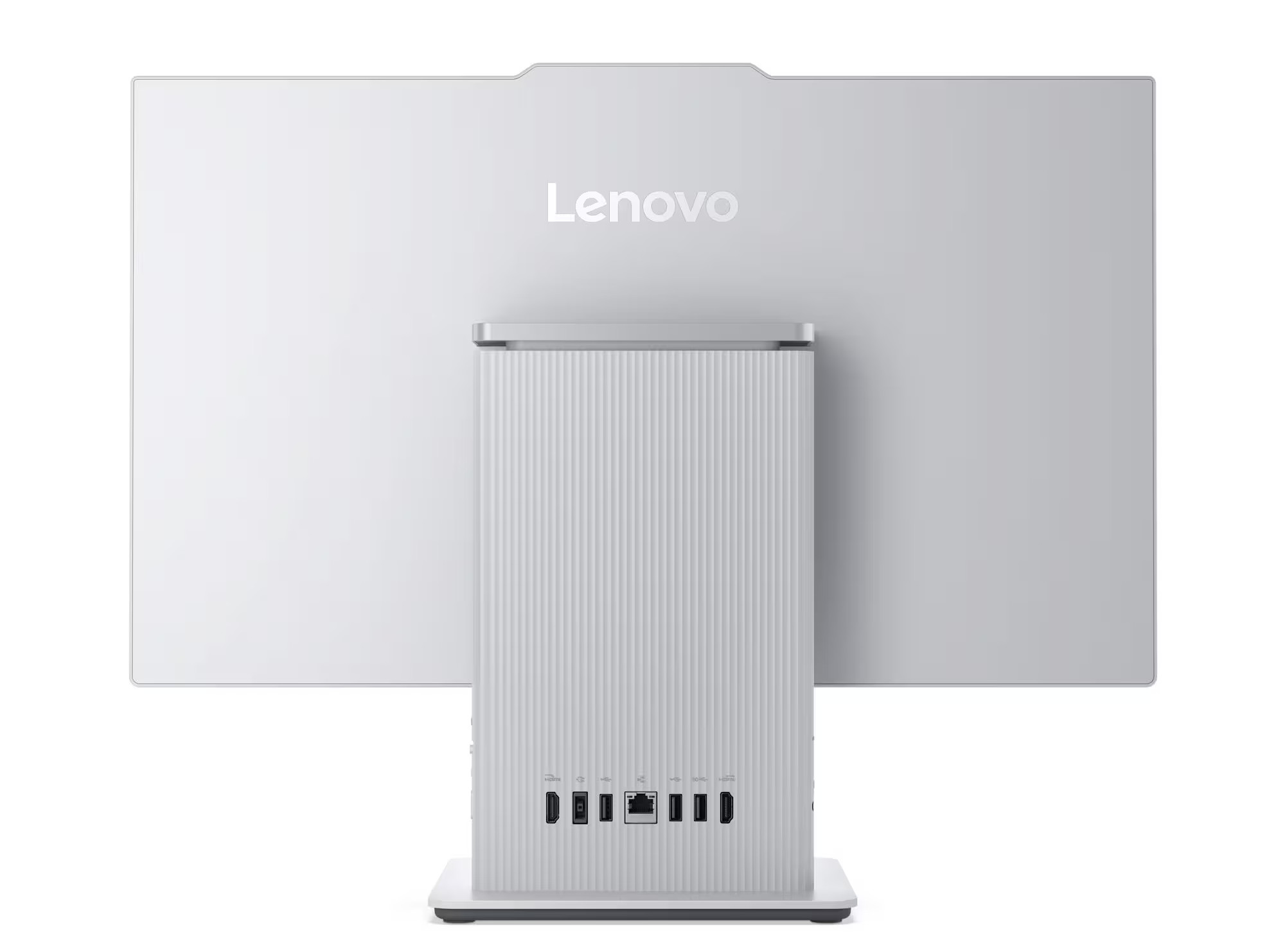 Tył białego komputera all-in-one Lenovo z portami.