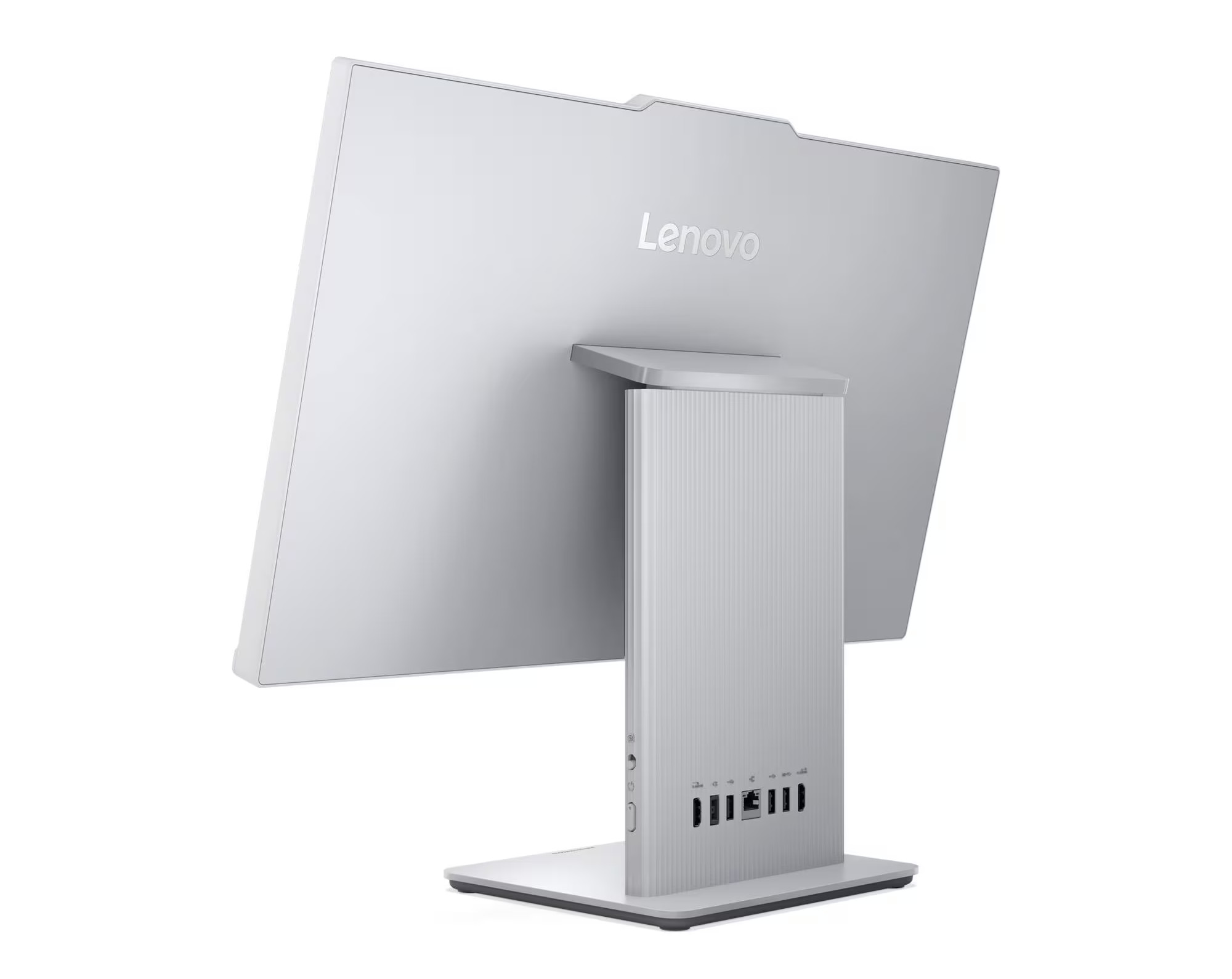Tył srebrnego komputera all-in-one Lenovo z portami.