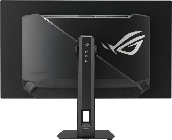Fekete gamer monitor hátulja ROG logóval és állvánnyal.