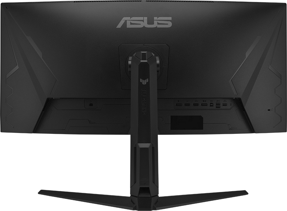 Egy fekete Asus gamer monitor hátulja, állvánnyal és portokkal.