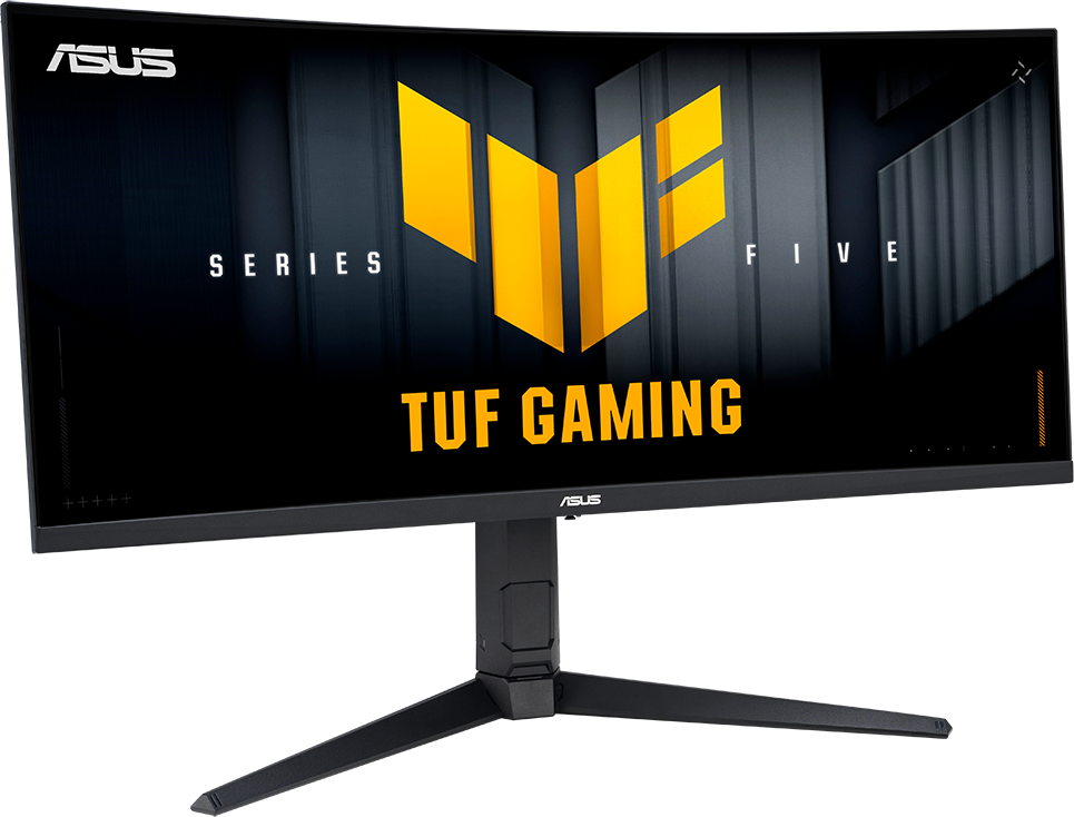 Ívelt Asus TUF Gaming monitor fekete állvánnyal és sárga logóval.