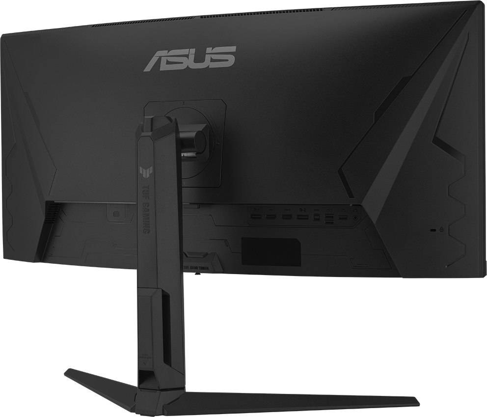 Fekete ASUS gamer monitor hátulja portokkal és állvánnyal.