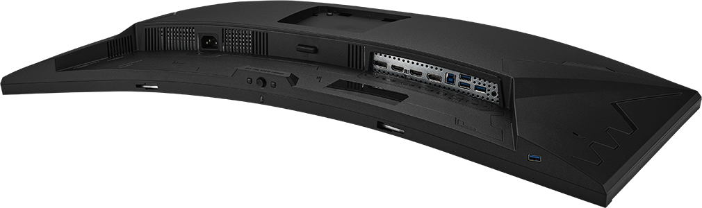 Fekete monitor hátulnézete, HDMI és USB portokkal.