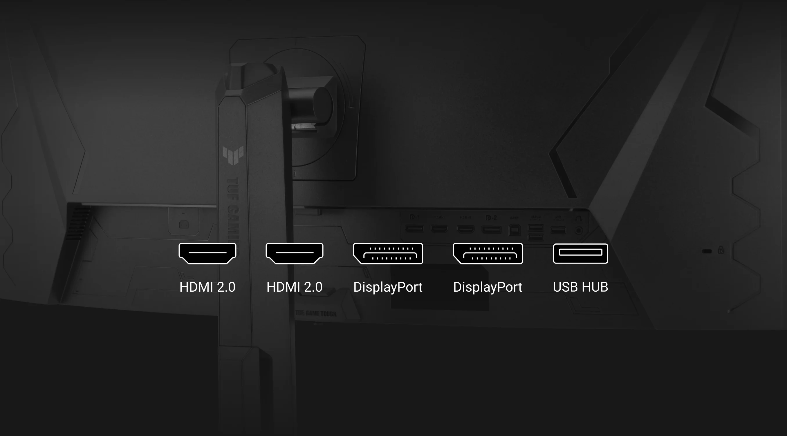 Monitor hátlapja: 2x HDMI 2.0, 2x DisplayPort, USB HUB.