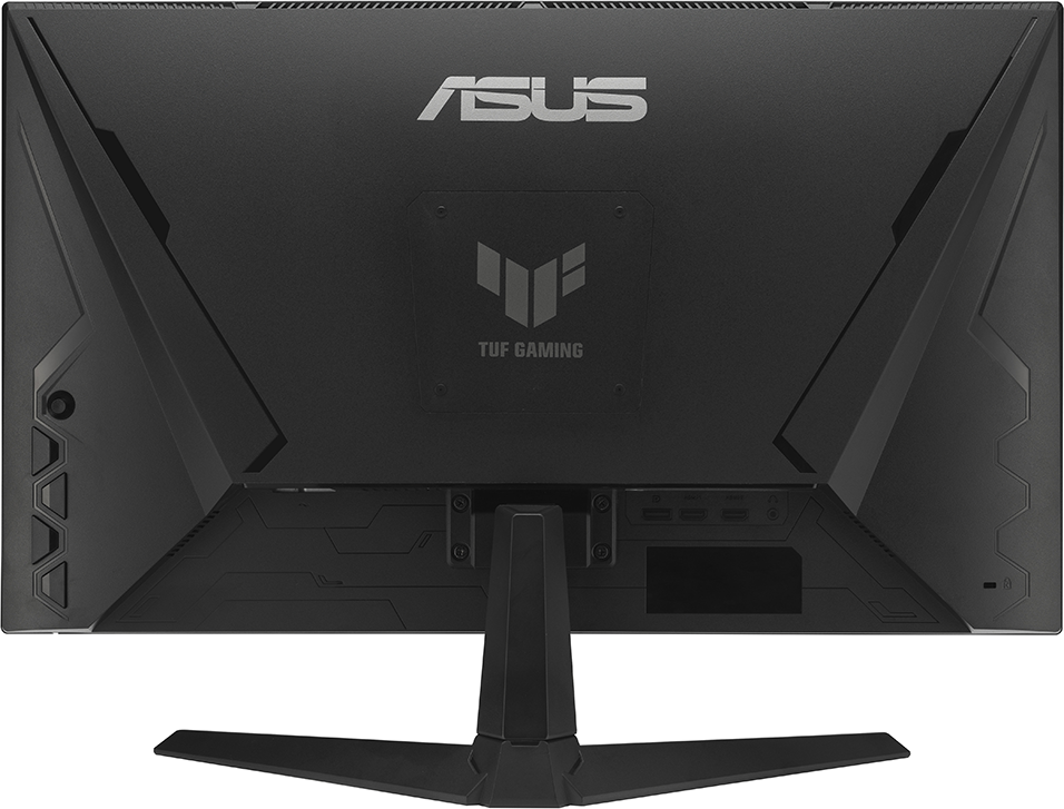 Egy fekete ASUS TUF Gaming monitor hátoldala állvánnyal, portok láthatók.