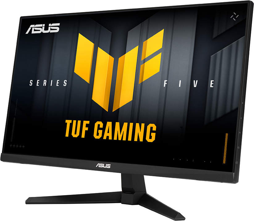 Egy fekete ASUS TUF Gaming monitor sárga logóval és felirattal.