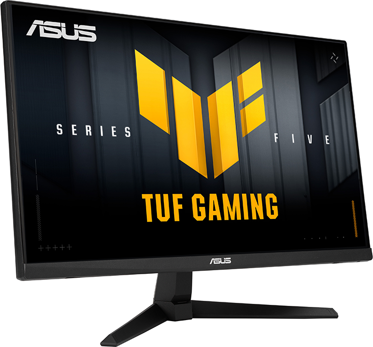 Egy fekete ASUS TUF Gaming monitor sárga logóval és felirattal.