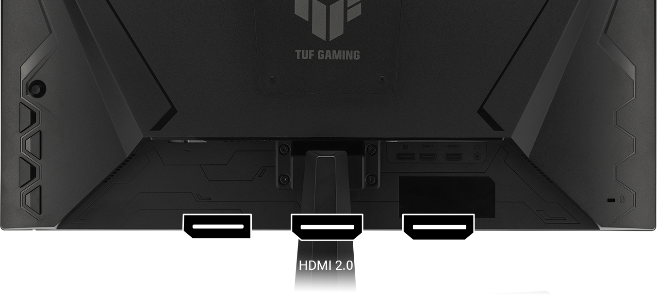 Fekete monitor hátulja portokkal: DisplayPort, HDMI 2.0, HDMI 2.0.