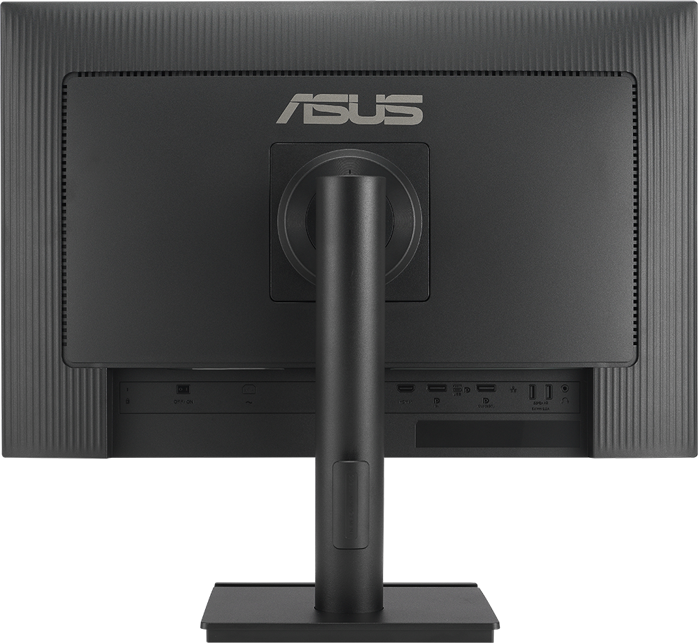 Egy fekete ASUS monitor hátulja portokkal és állvánnyal.