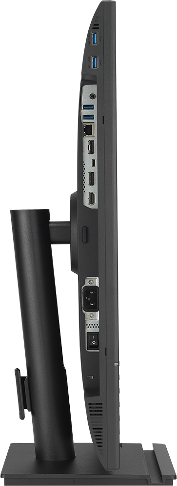 Monitor oldalnézete különböző portokkal: USB, HDMI, Ethernet, táp.