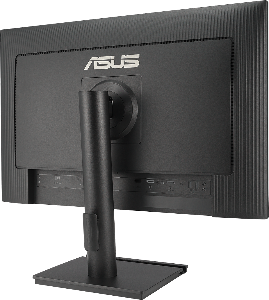 Fekete Asus monitor hátulnézete, csatlakozókkal és állvánnyal.