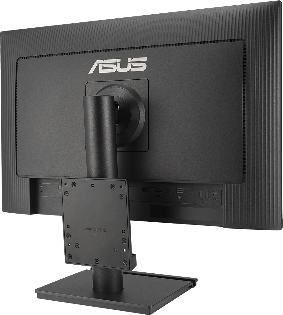 Fekete Asus monitor hátulja portokkal és VESA tartókonzollal.