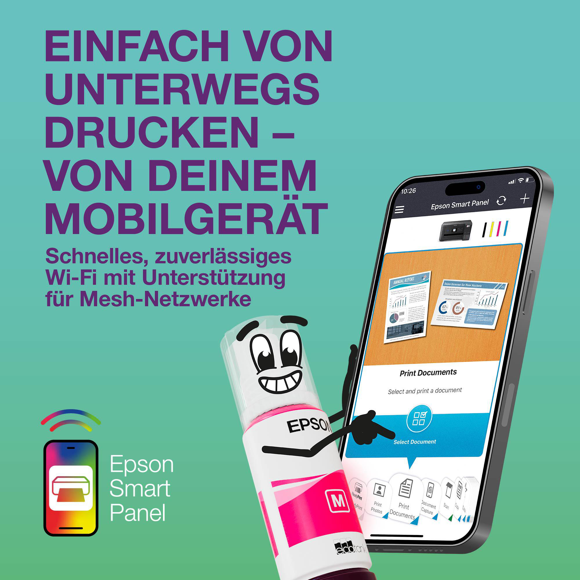Ein Smartphone zeigt die Epson Smart Panel App. Ein Tintenbehälter mit Gesicht ist daneben.