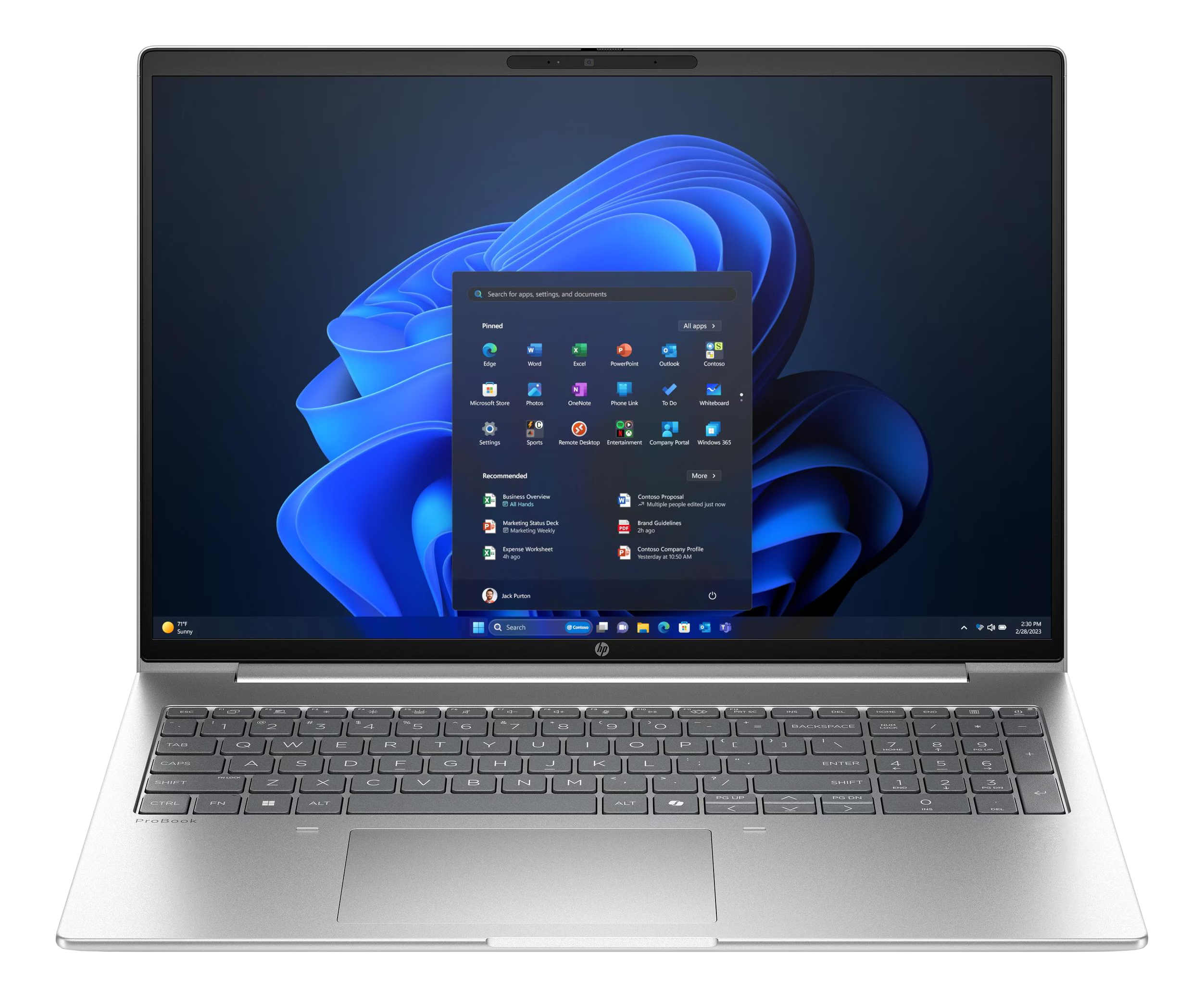 Ein Laptop mit Windows 11-Startmenü, das Apps und Dokumente anzeigt.