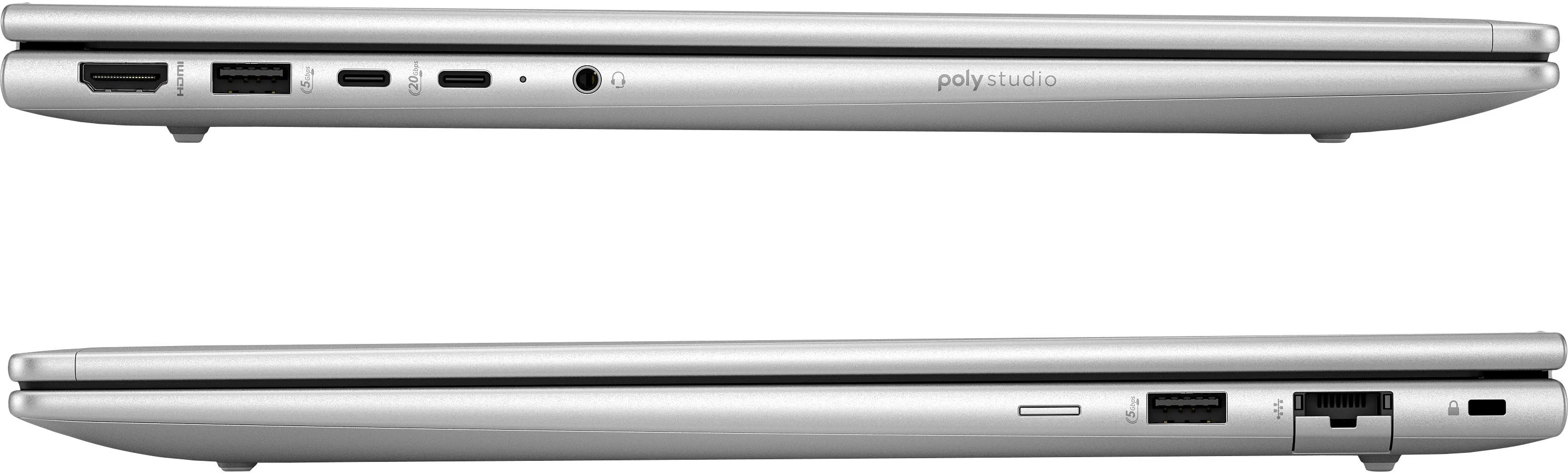 Silbernes Poly Studio Laptop mit Anschlüssen: HDMI, USB-A, 2x USB-C, Klinke.