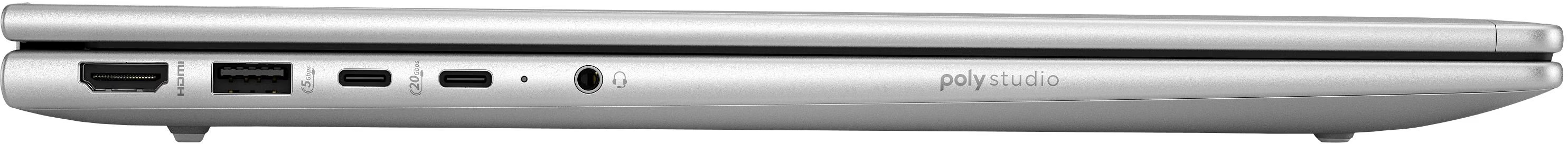 Silbernes Poly Studio mit HDMI-, USB-A-, USB-C-Anschlüssen und Kopfhörerbuchse.