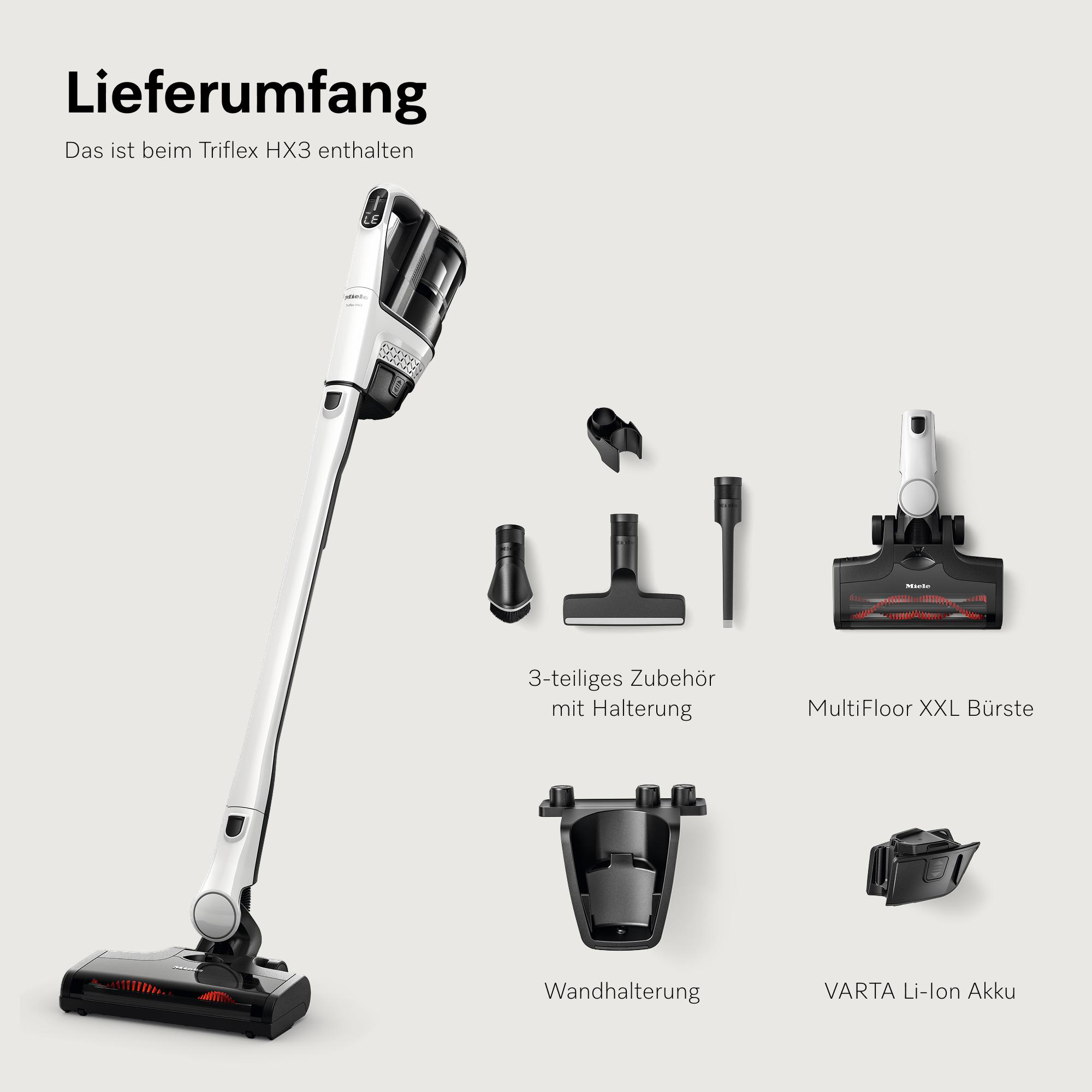 Ein weißer Miele Triflex HX3 Akku-Staubsauger mit Zubehör, Wandhalterung und Akku.