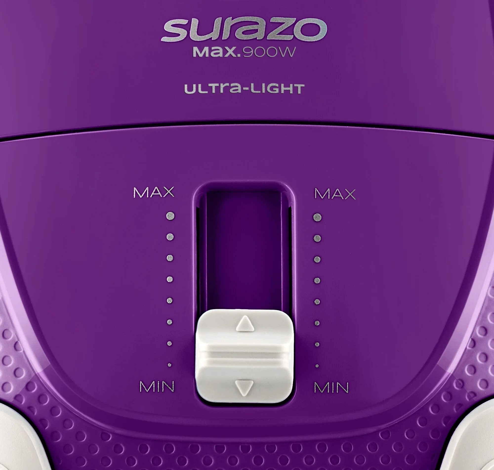 Lila porszívó ezüst 'Surazo', 'Max. 900W', 'Ultra-Light' feliratokkal és szabályzókkal.