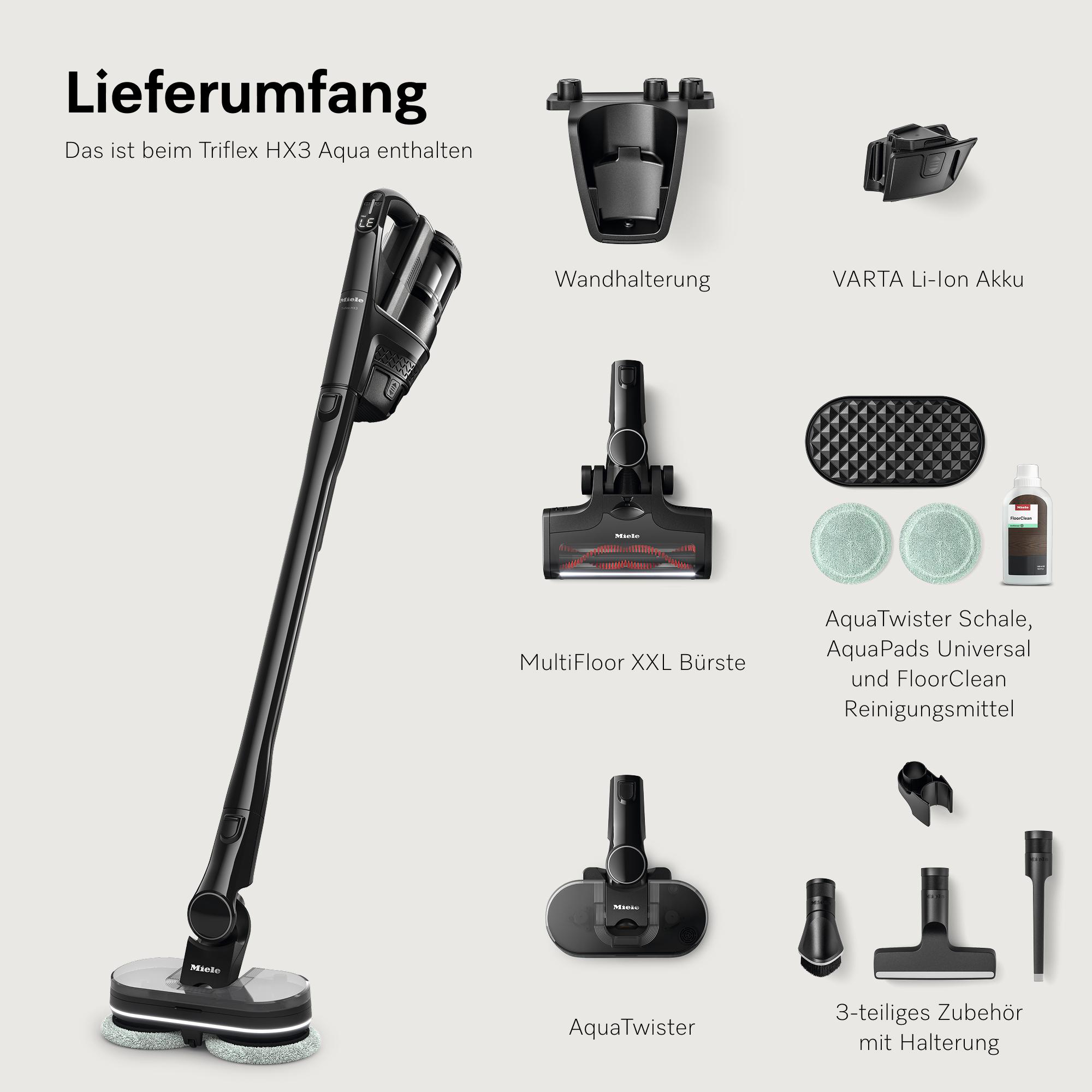 Miele Triflex HX3 Aqua Staubsauger mit Zubehör: Wandhalterung, Akku, Bürsten, AquaTwister, Reinigungsmittel.