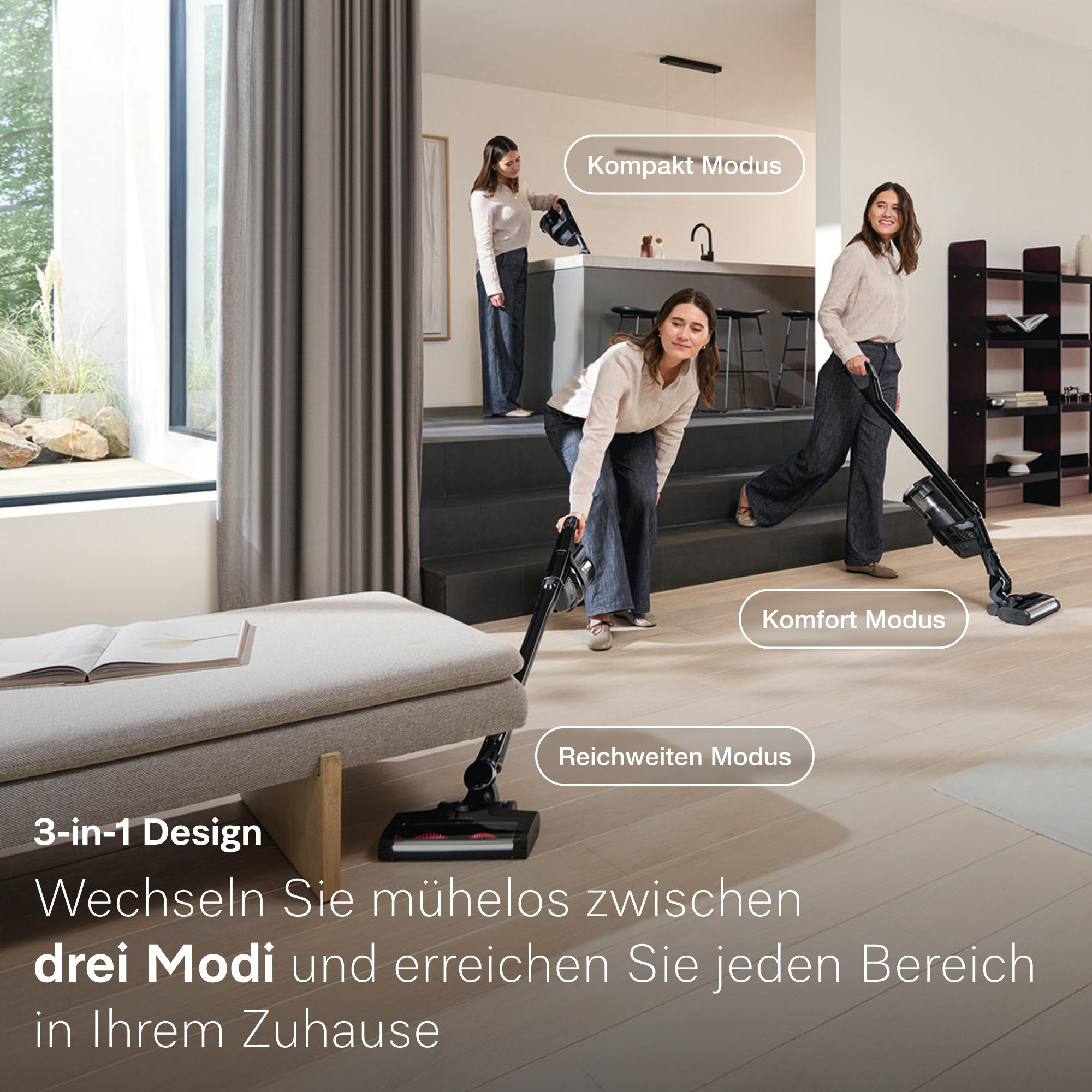 Drei Frauen benutzen einen kabellosen Staubsauger in verschiedenen Modi in einem modernen Zuhause.