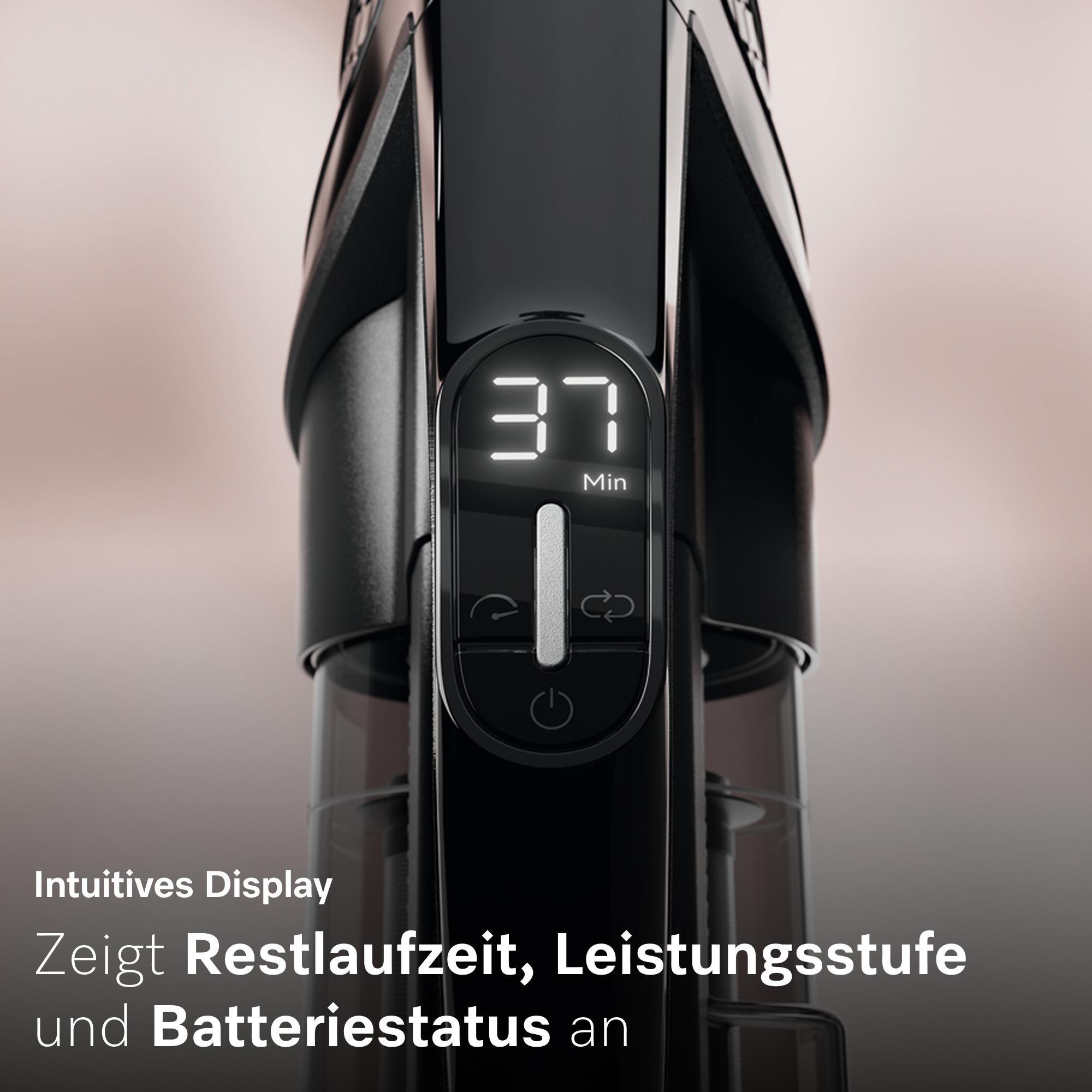 Schwarzer Staubsauger mit digitalem Display, zeigt 37 Min. Restlaufzeit.
