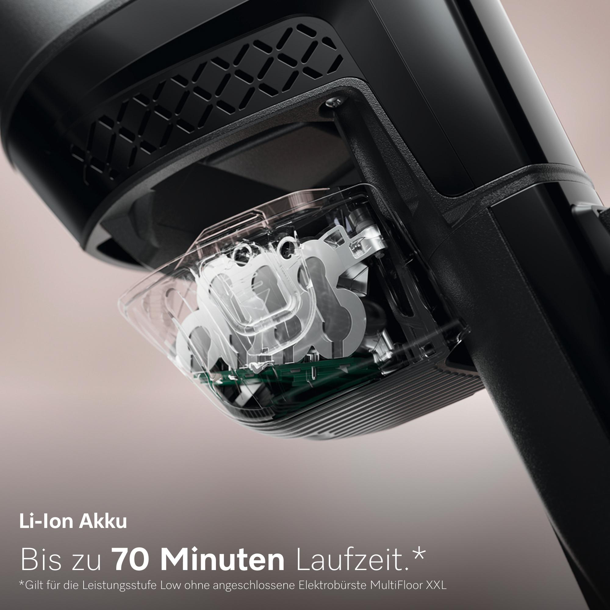 Nahaufnahme eines schwarzen Akkus mit sichtbaren Zellen und Elektronik. Text informiert über 70 Min. Laufzeit.