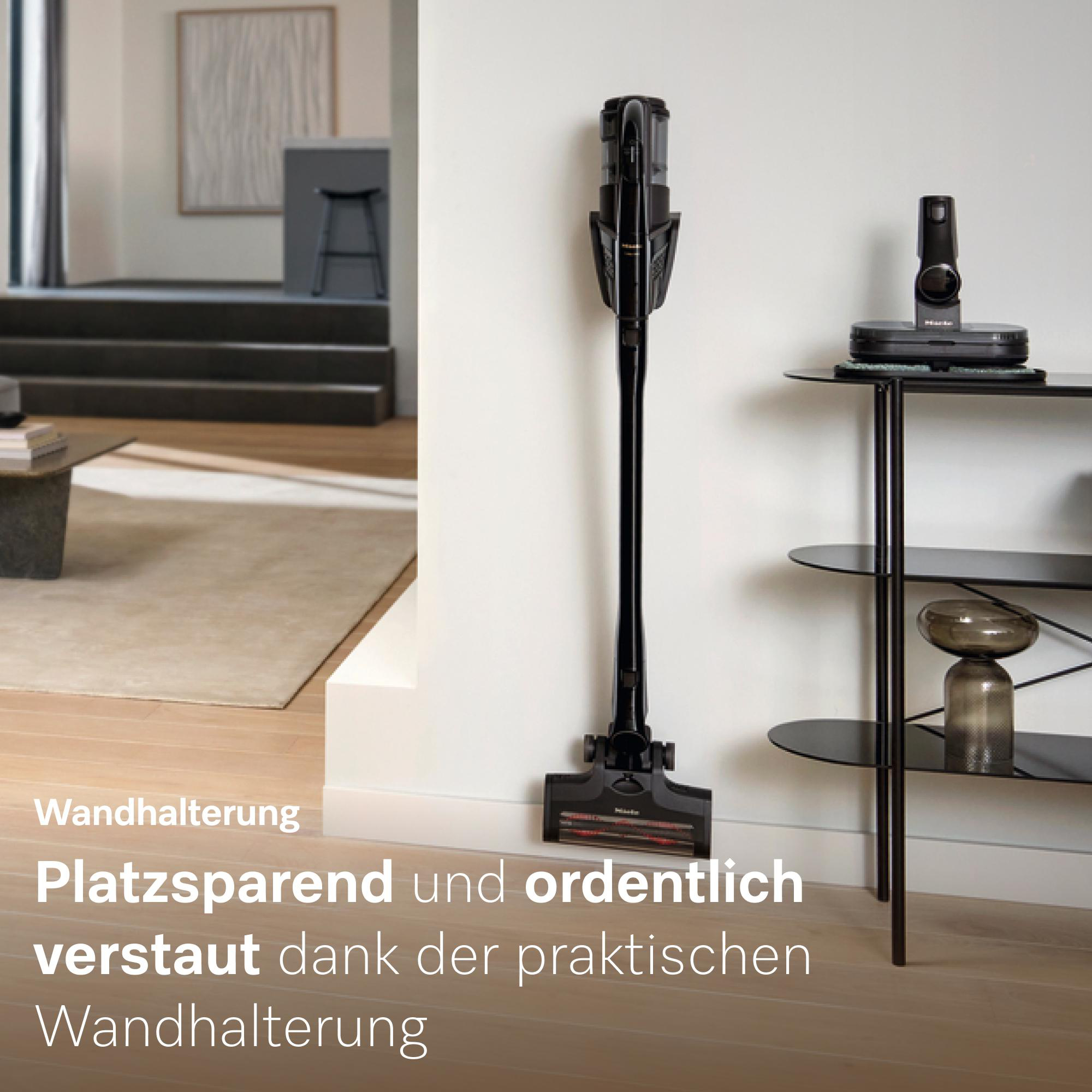 Schwarzer Staubsauger an Wandhalterung neben Regal mit Glasobjekt.