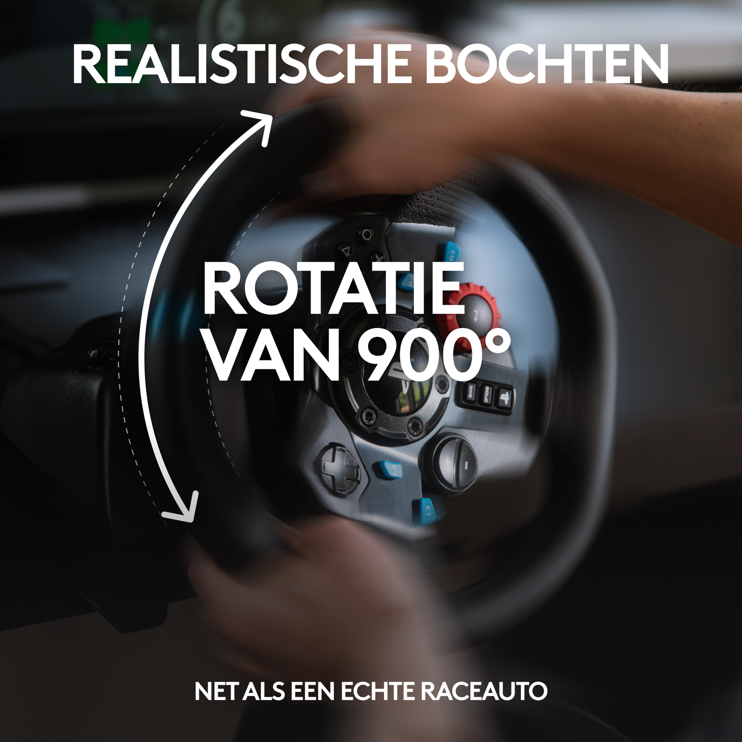 Een stuurwiel met 900 graden rotatie, net als in een echte raceauto.