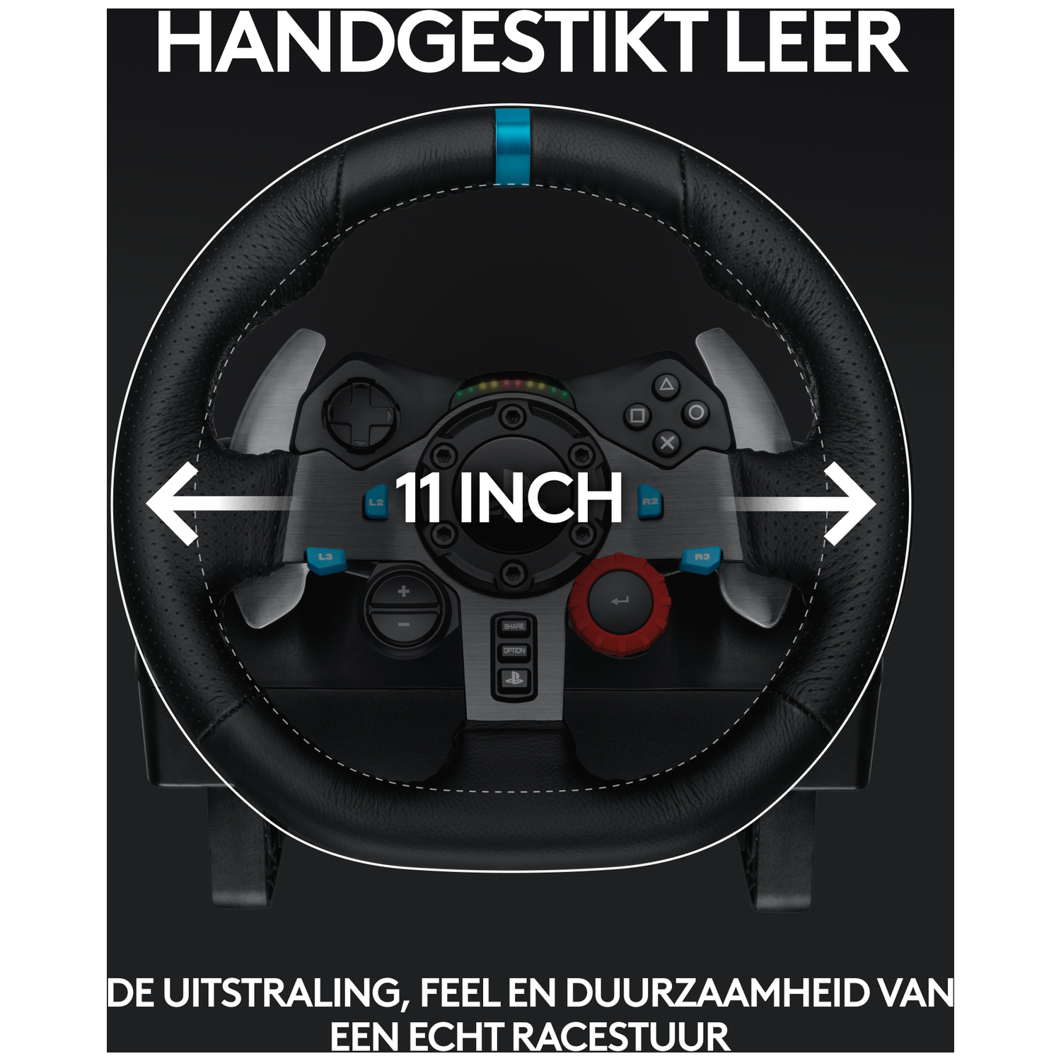 Een 11-inch zwart lederen racestuur met blauwe accenten en knoppen.