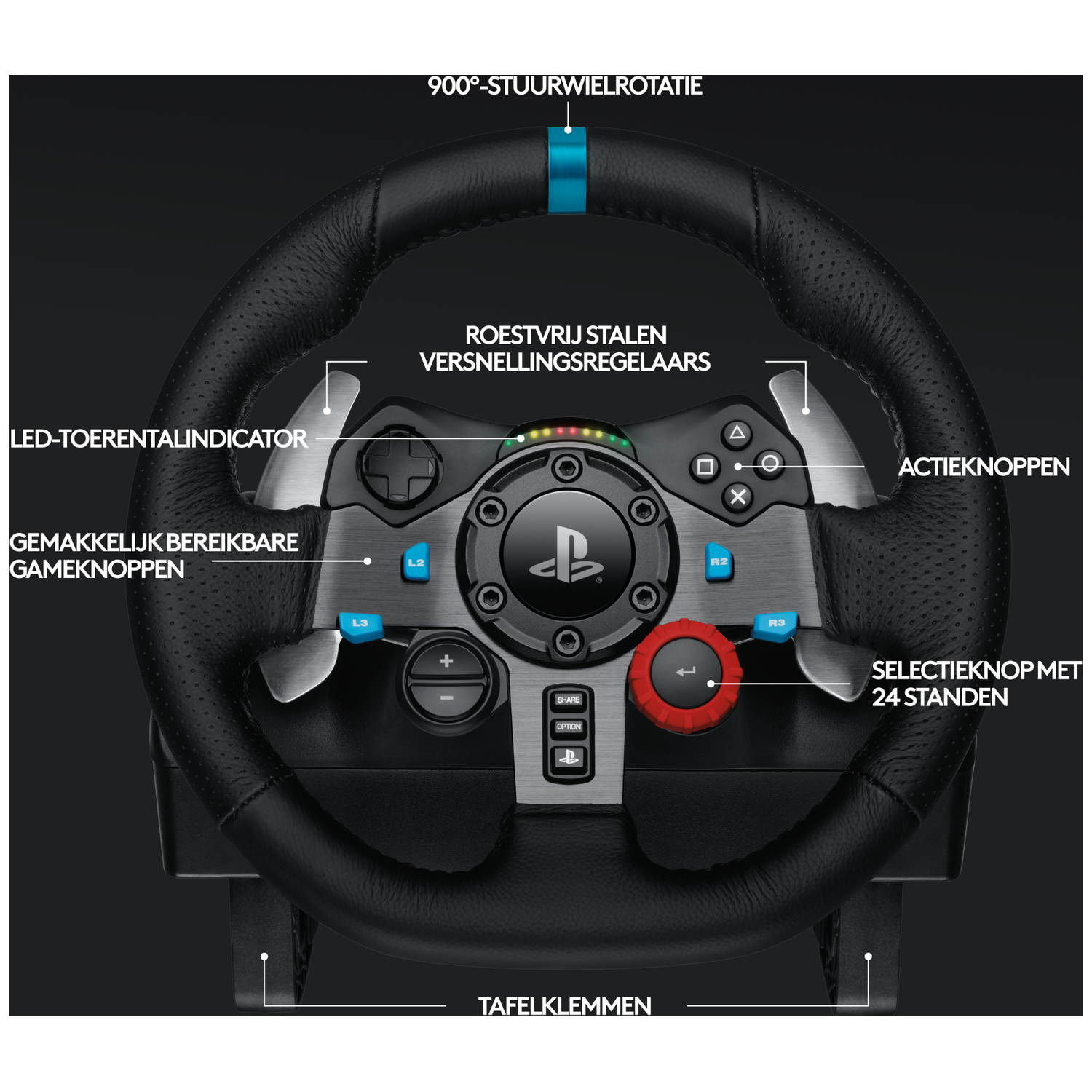 Een zwart gaming-stuurwiel met blauwe accenten, knoppen en een rode draaiknop.