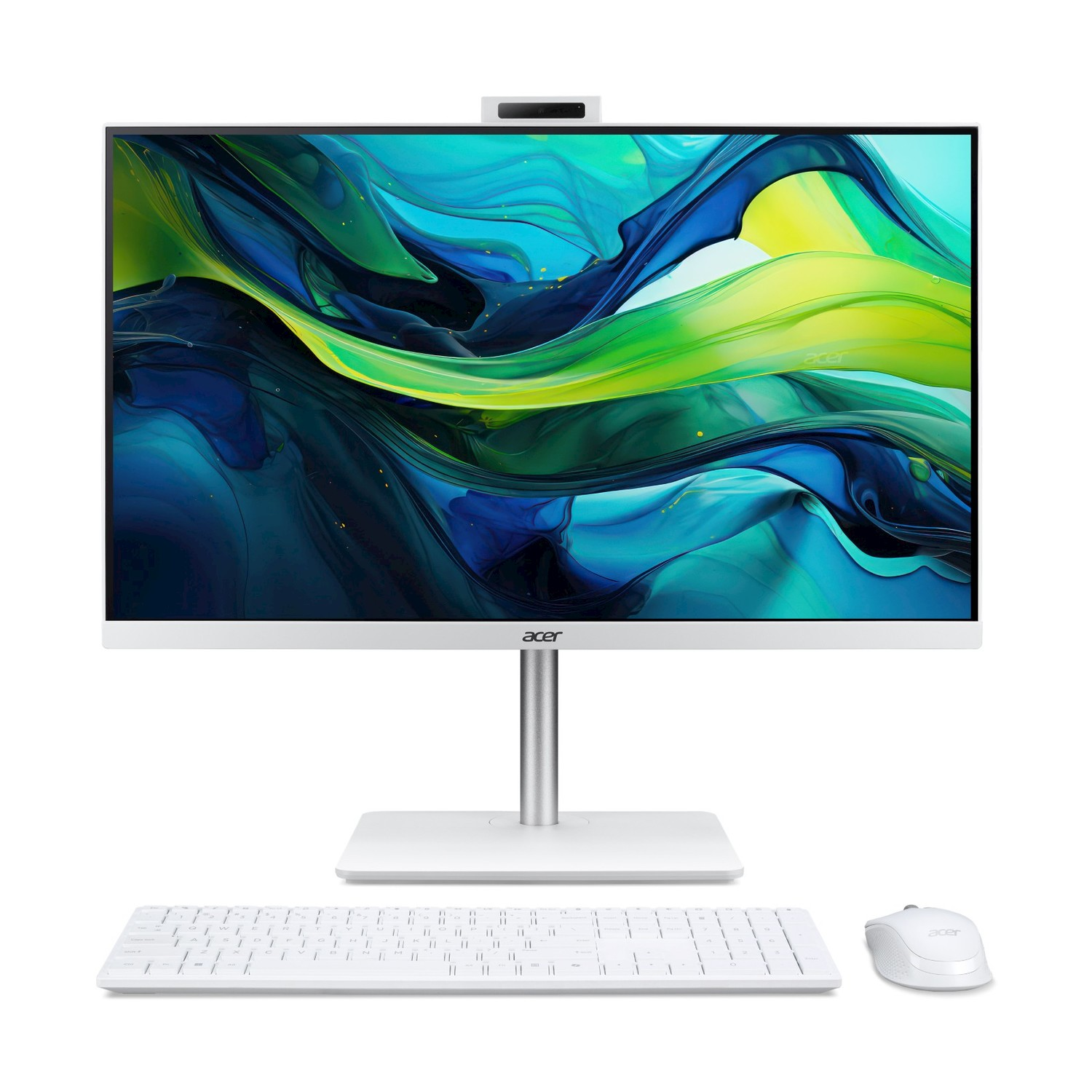 Un computer all-in-one Acer bianco con tastiera e mouse.