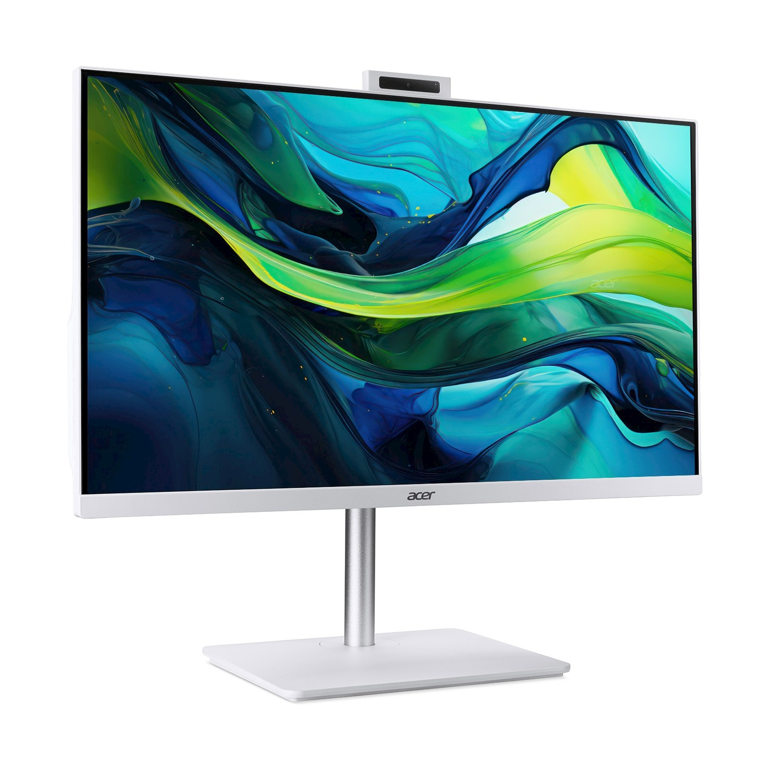 Un monitor Acer bianco con uno sfondo astratto blu e verde.