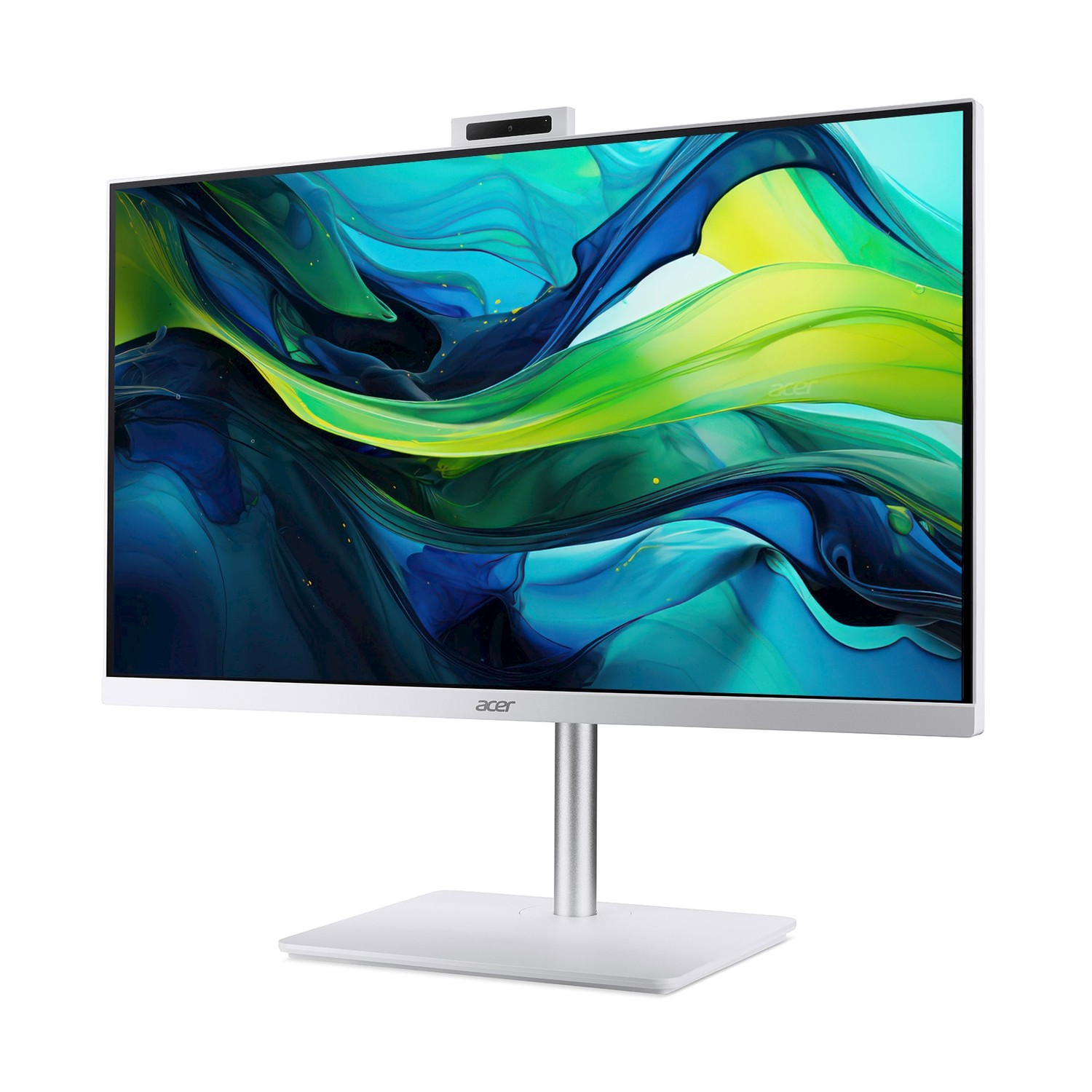 Un computer all-in-one Acer bianco dal design elegante con uno sfondo astratto vibrante.