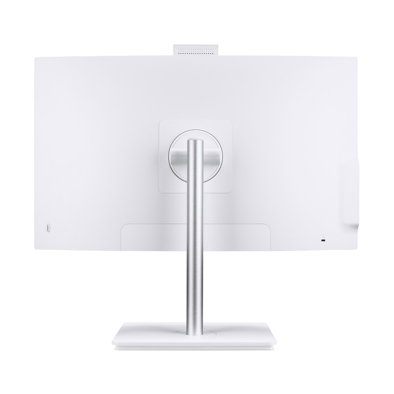 Retro di un monitor bianco con supporto argento e porte.