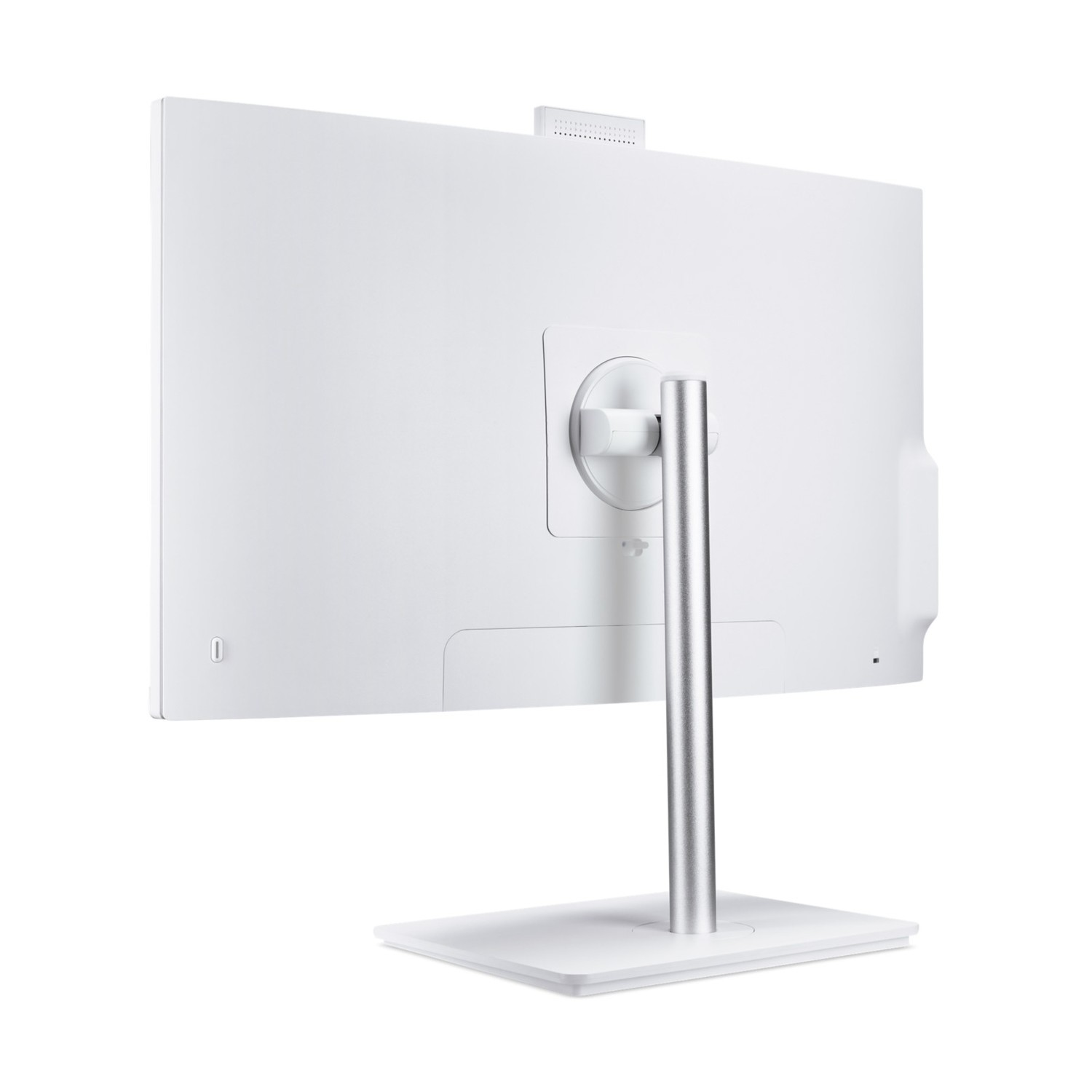 Vista posteriore di un monitor bianco con supporto argentato su sfondo bianco.