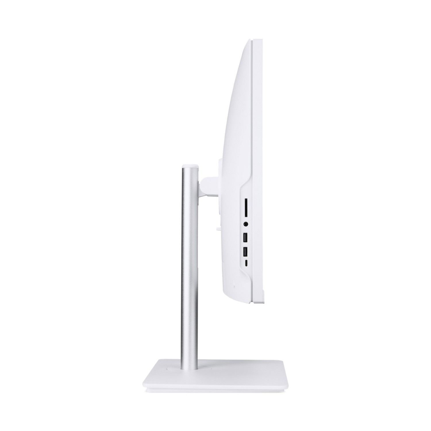 Monitor bianco di profilo su supporto argento su sfondo bianco.