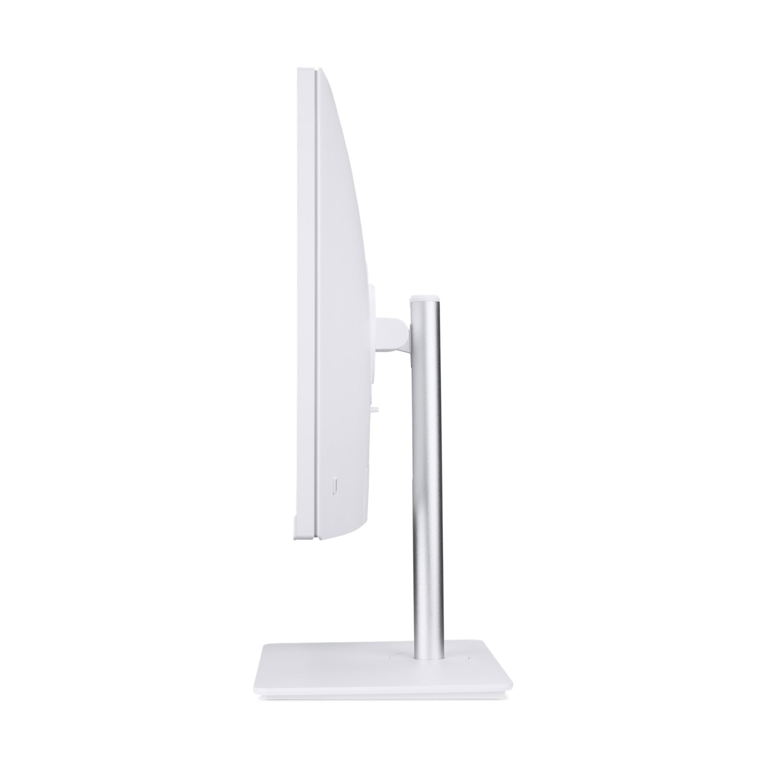Monitor bianco con supporto argentato, mostrato di lato.