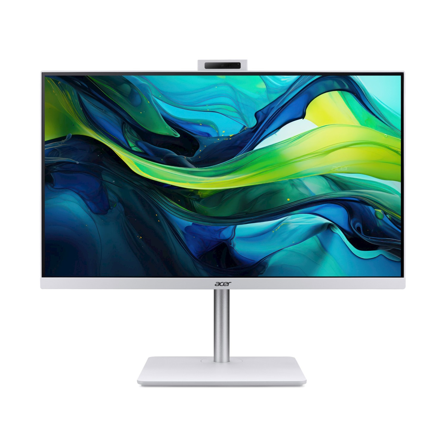 Un computer all-in-one Acer argentato con schermo grande e fotocamera sulla cornice.