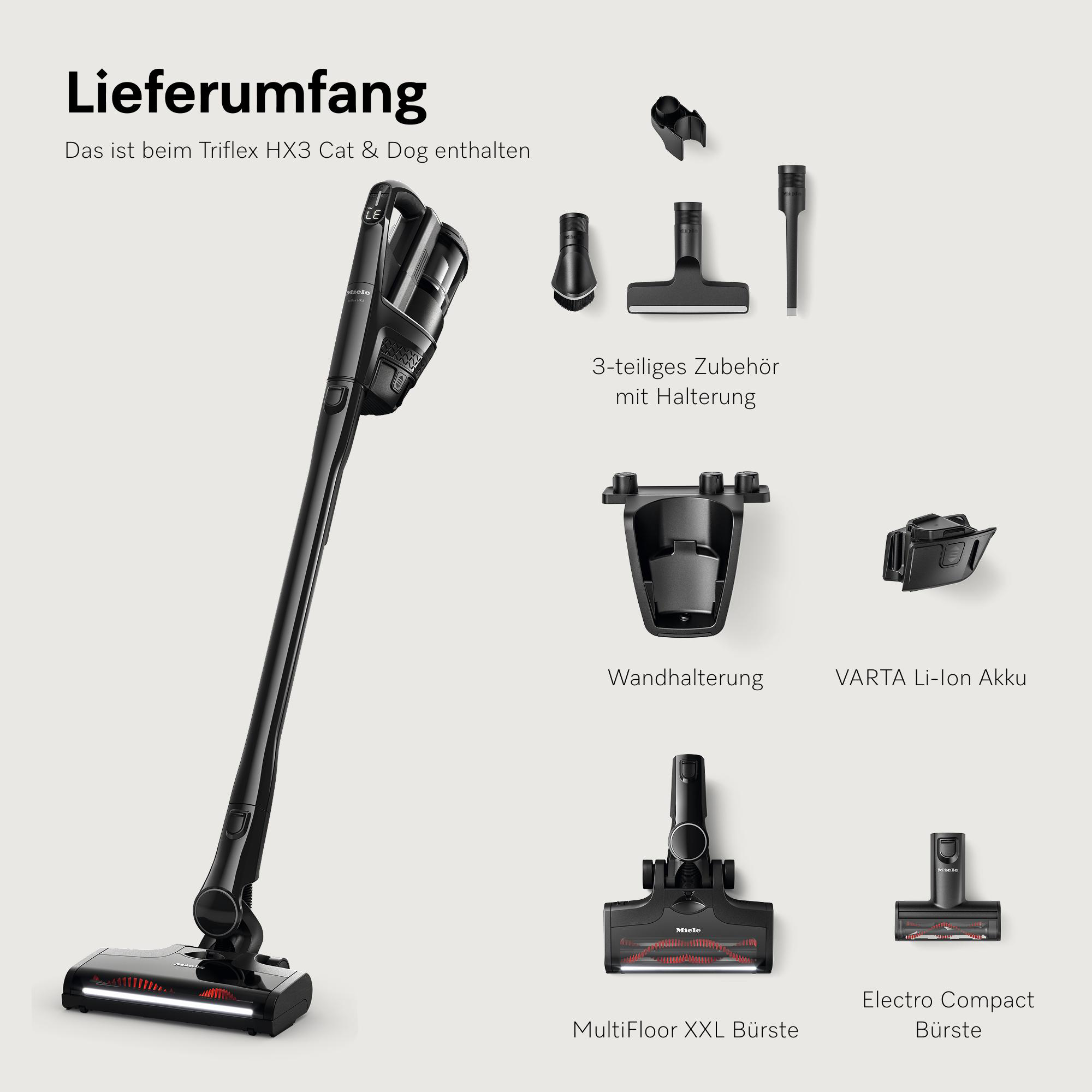 Ein schwarzer Miele Akku-Staubsauger mit Zubehör wie Wandhalterung und Bürsten.